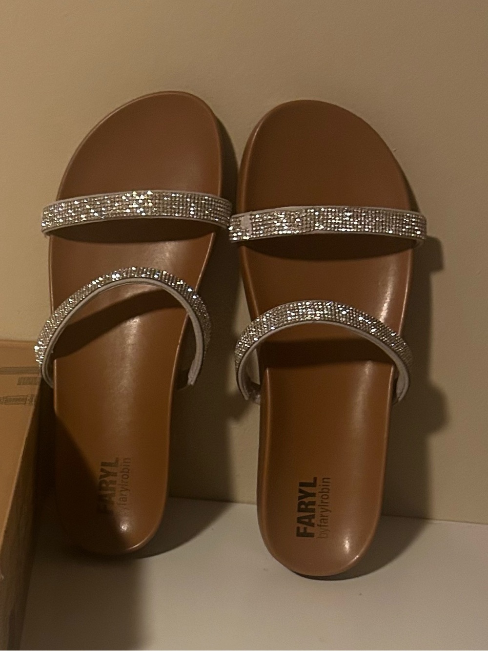 Faryl by Farylrobin Silver Crystal Strap Slide Sandals - Brown Footbed